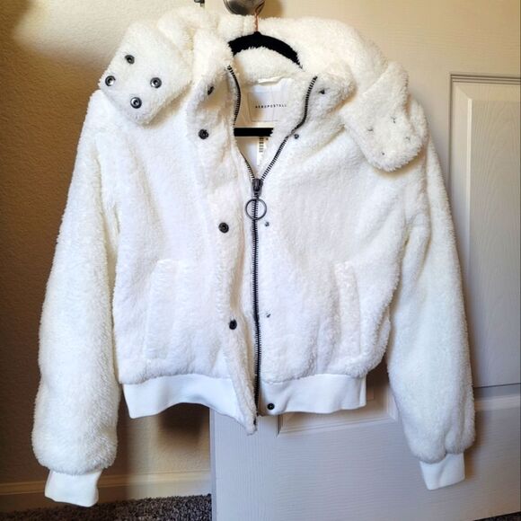 Aéropostale Coat White Sherpa Faux Fur Cropped Jacket Women’s - Size Small NWT - Picture 2 of 11
